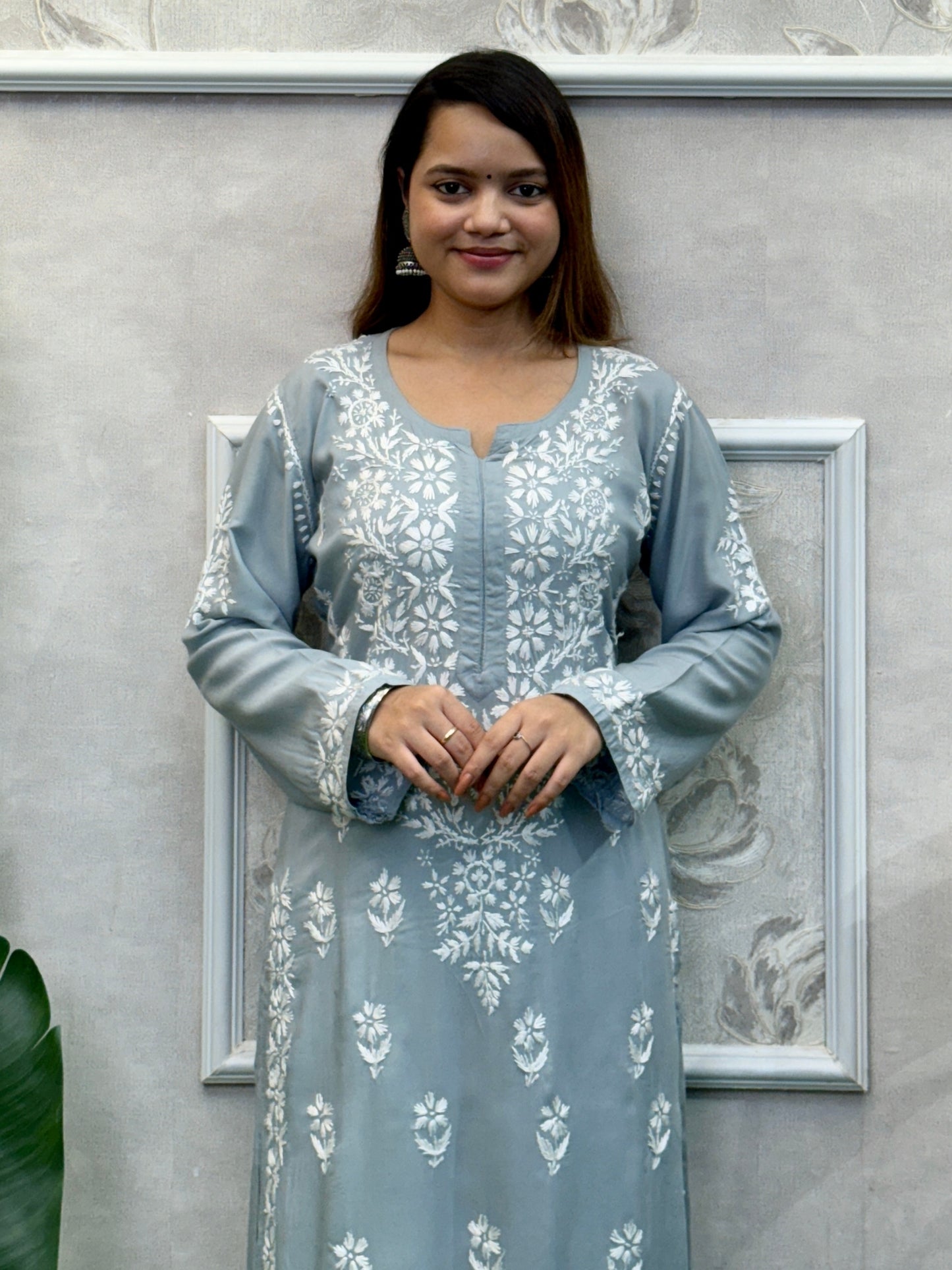 Grey modal fabric Lucknow Chikankari kurta with delicate white hand embroidery, soft and comfortable.