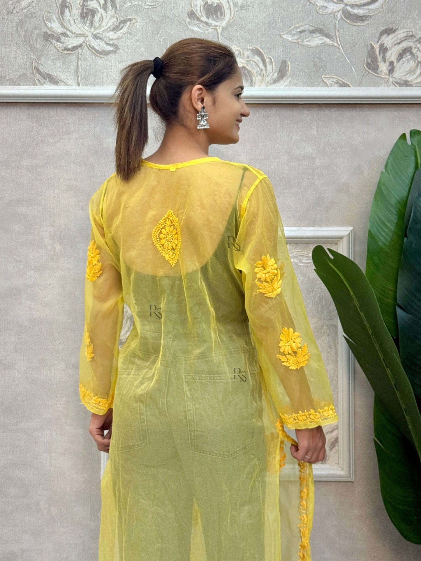 Yellow Lucknow chikankari organza kurta with hand embroidery