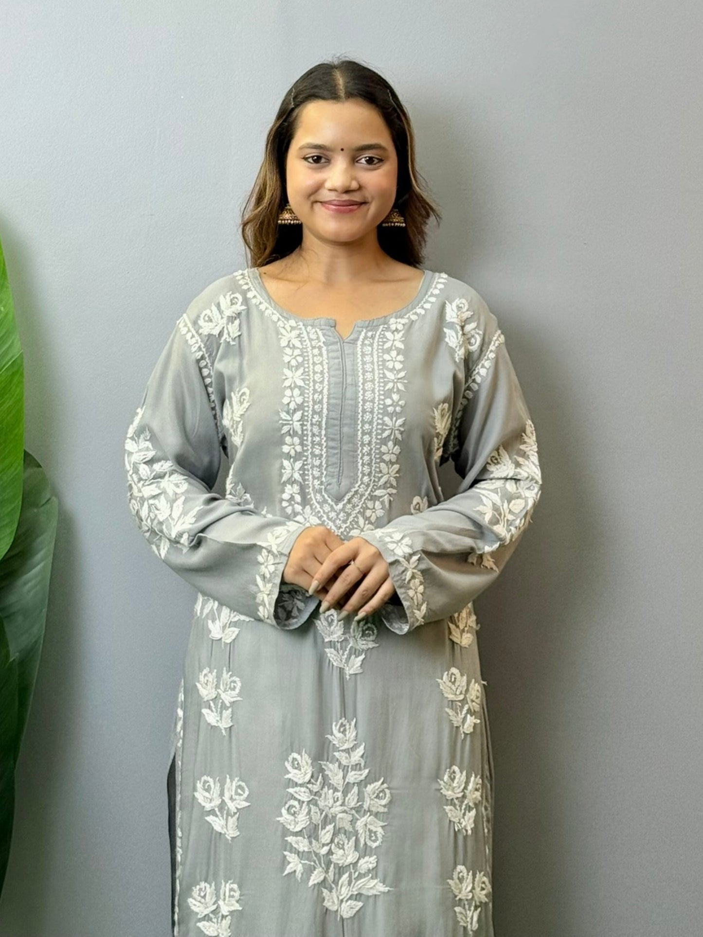 Steel grey modal Lucknowi Chikankari kurta with hand embroidery, premium quality, soft and comfortable