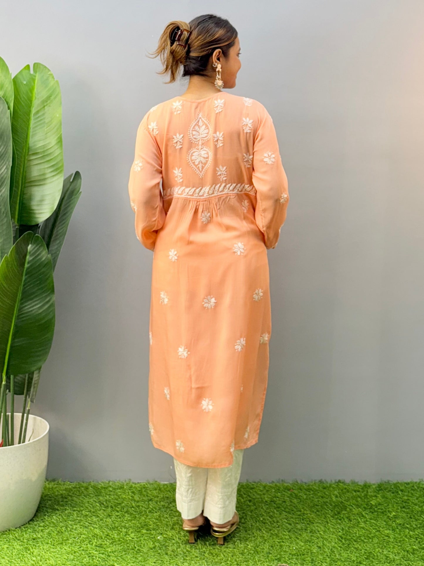 Peach Modal Lucknow Chikankari Kurta with hand embroidery and both side pockets