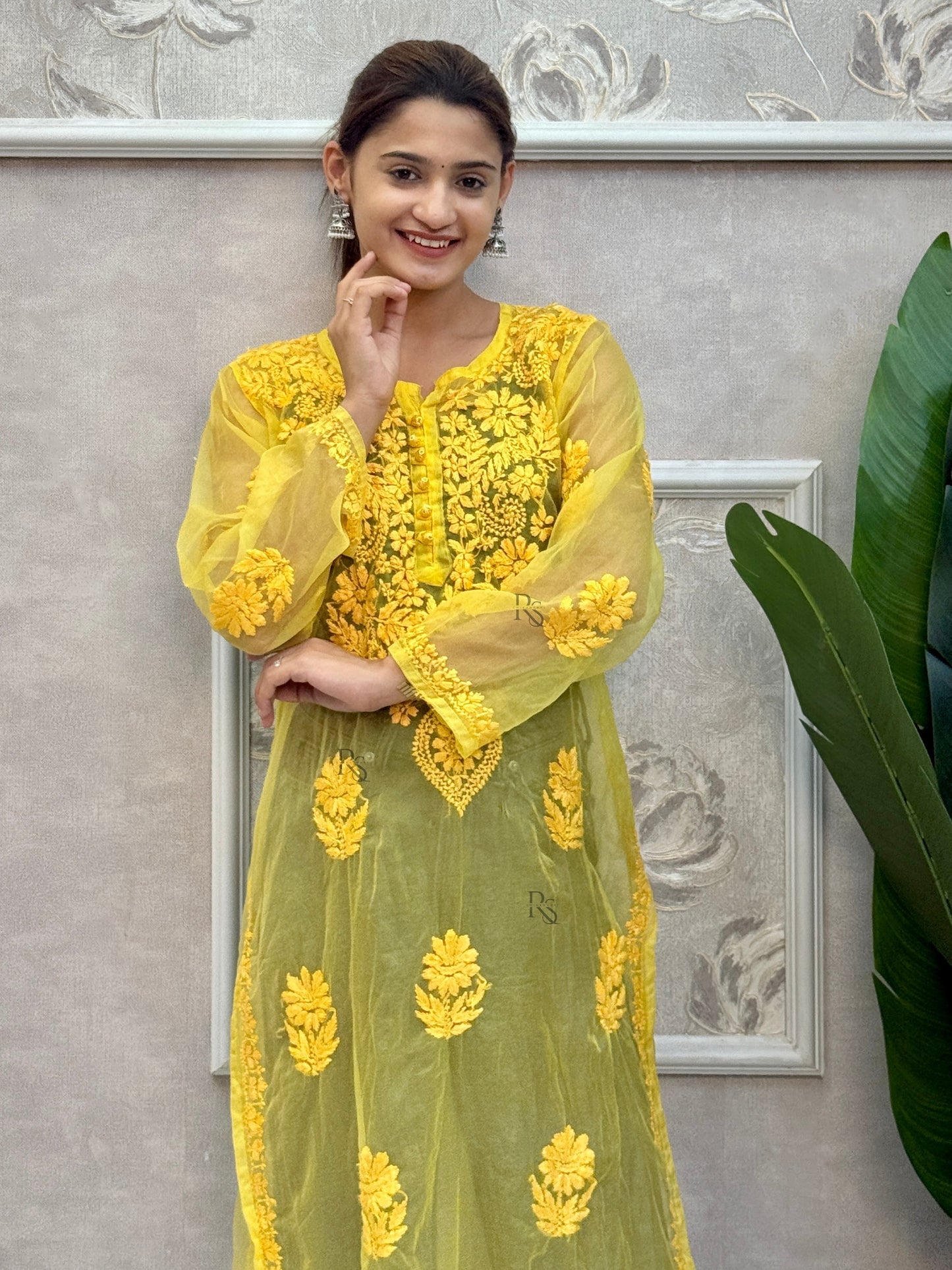 Yellow Lucknow chikankari organza kurta with hand embroidery
