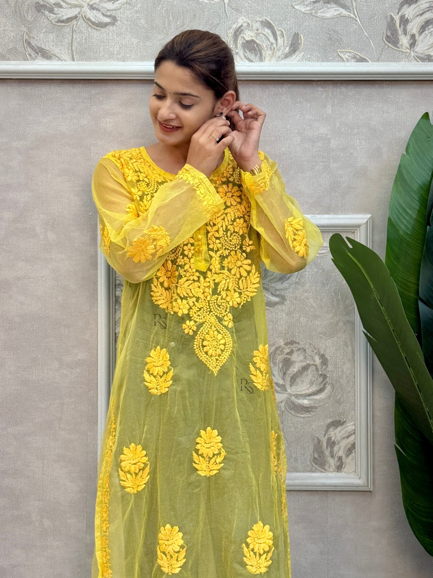 Yellow Lucknow chikankari organza kurta with hand embroidery