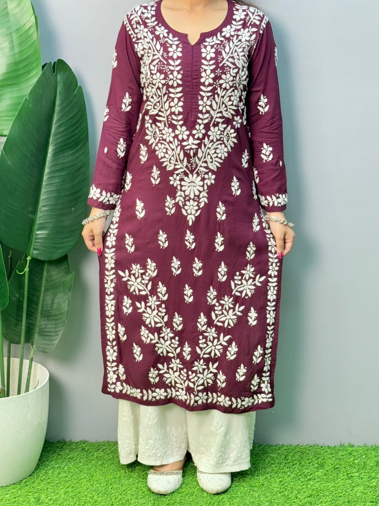 Maroon modal chikankari kurta with white hand embroidery – soft and comfortable