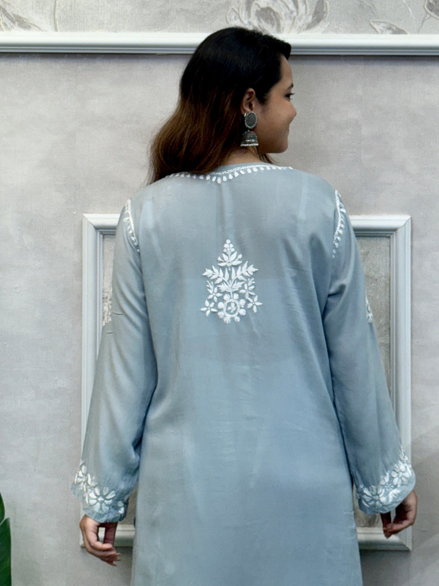 Grey modal fabric Lucknow Chikankari kurta with delicate white hand embroidery, soft and comfortable.