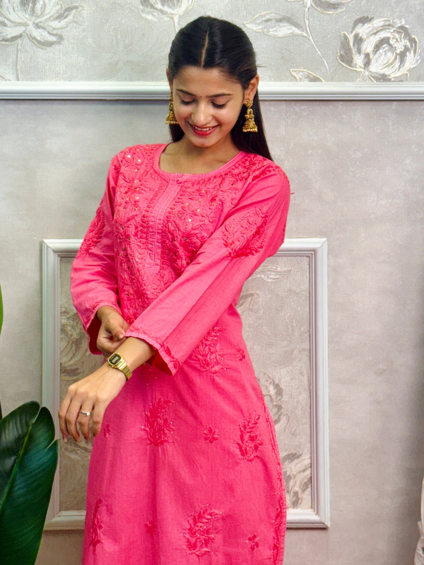 Hot pink cotton chikankari kurta, stretchable pant and chiffon dupatta set with hand embroidery