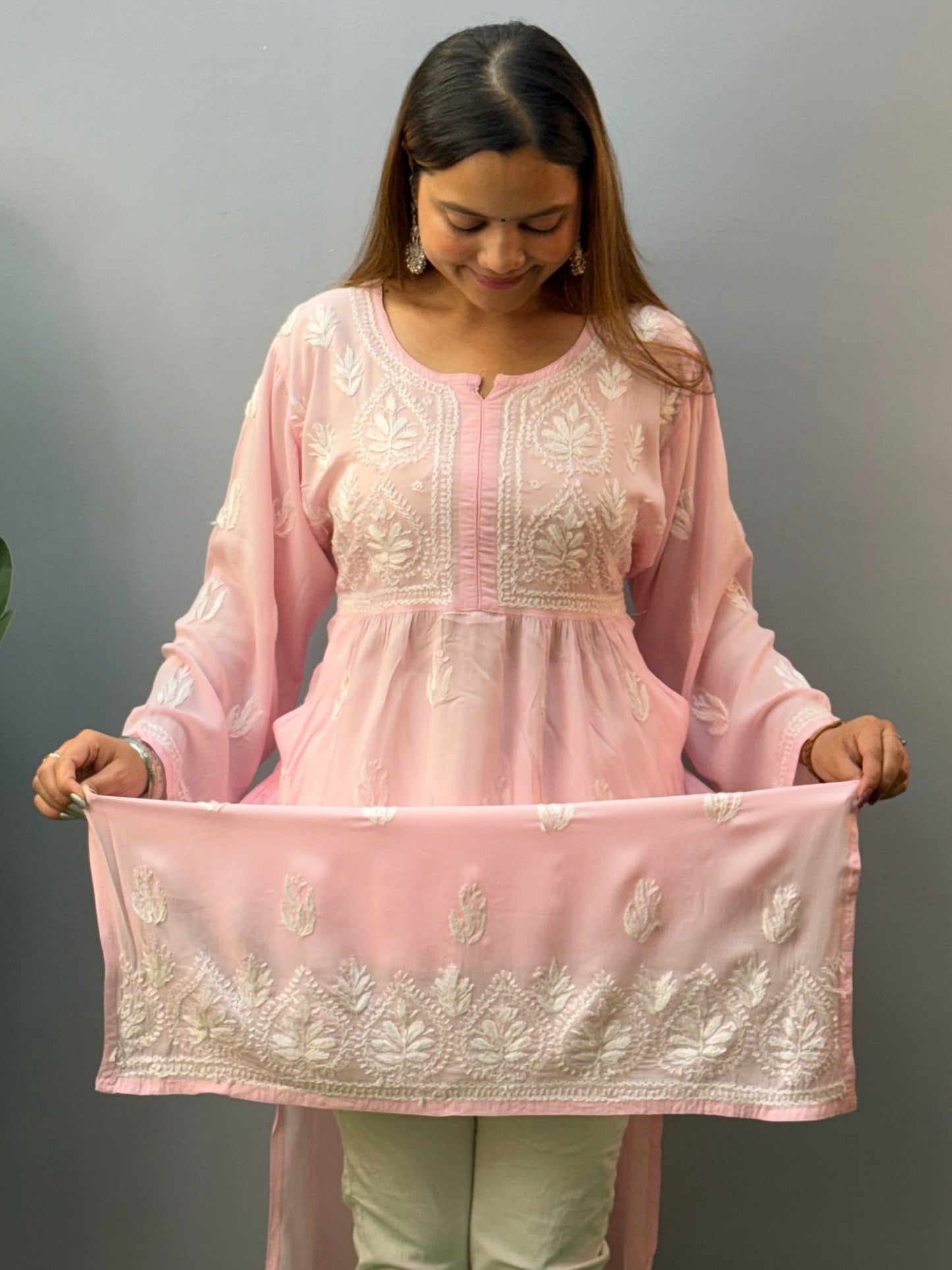Light Pink Lucknow Chikankari Modal Kurta with Hand Embroidery and Both Side Pockets