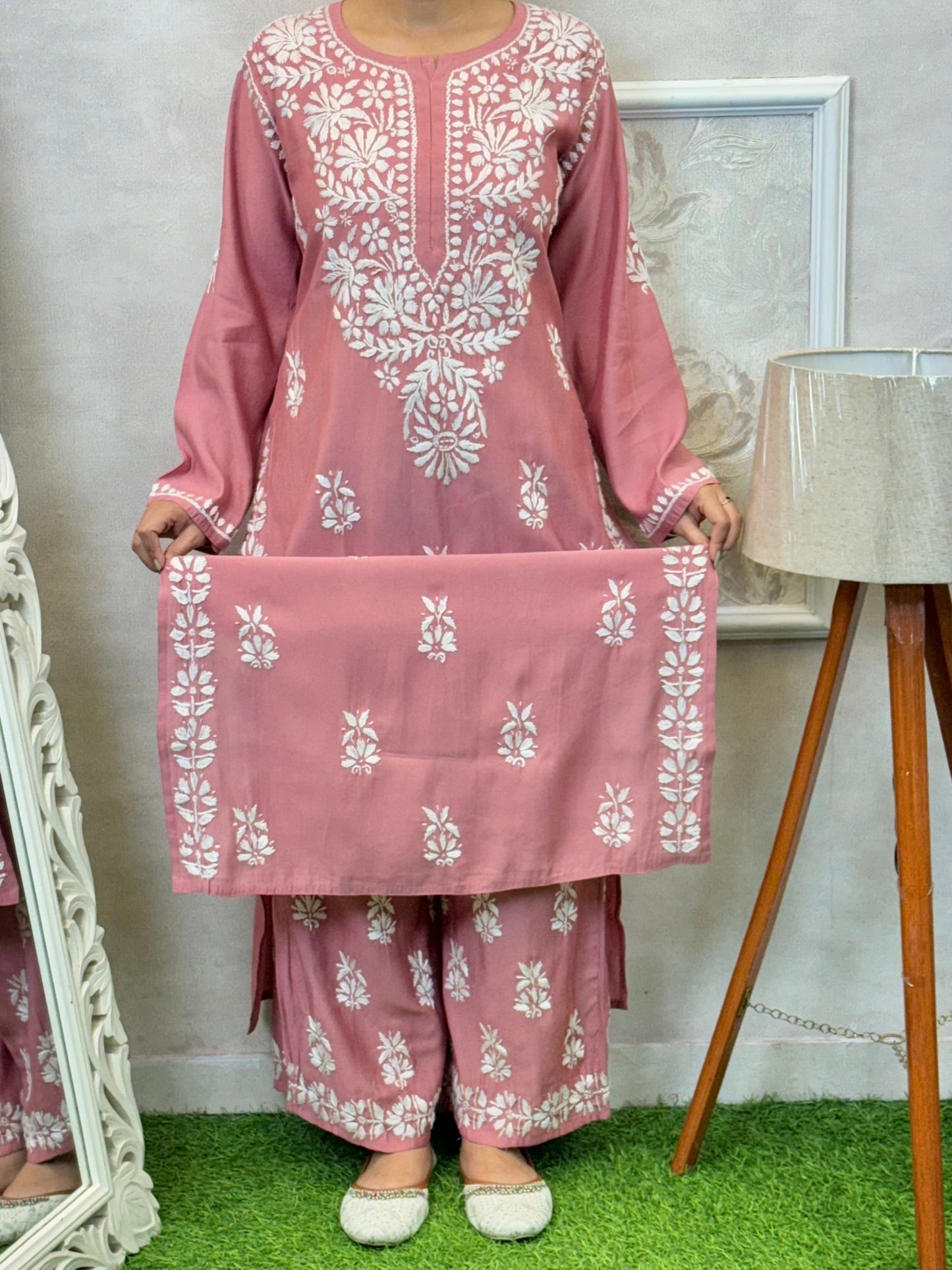 Dusty rose Roman silk Lucknowi Chikankari kurta and pant set with intricate white hand embroidery