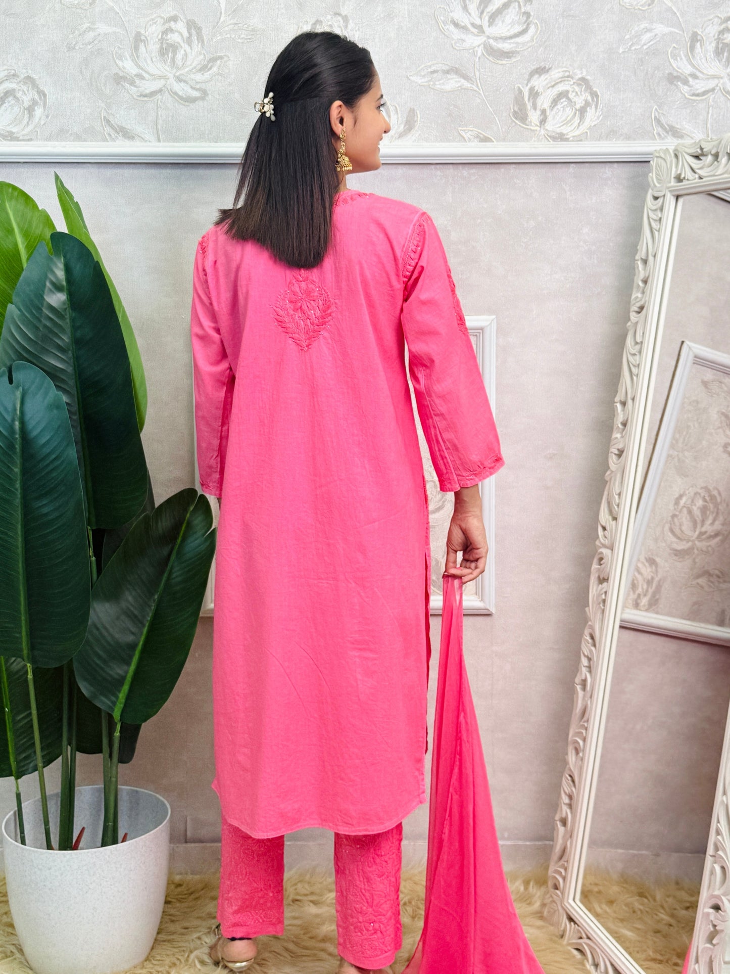 Hot pink cotton chikankari kurta, stretchable pant and chiffon dupatta set with hand embroidery