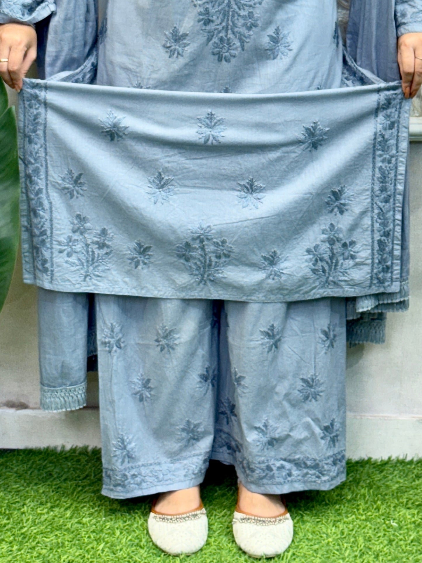 Lucknow Chikankari grey cotton kurta palazzo dupatta set with hand embroidery, soft and comfortable.