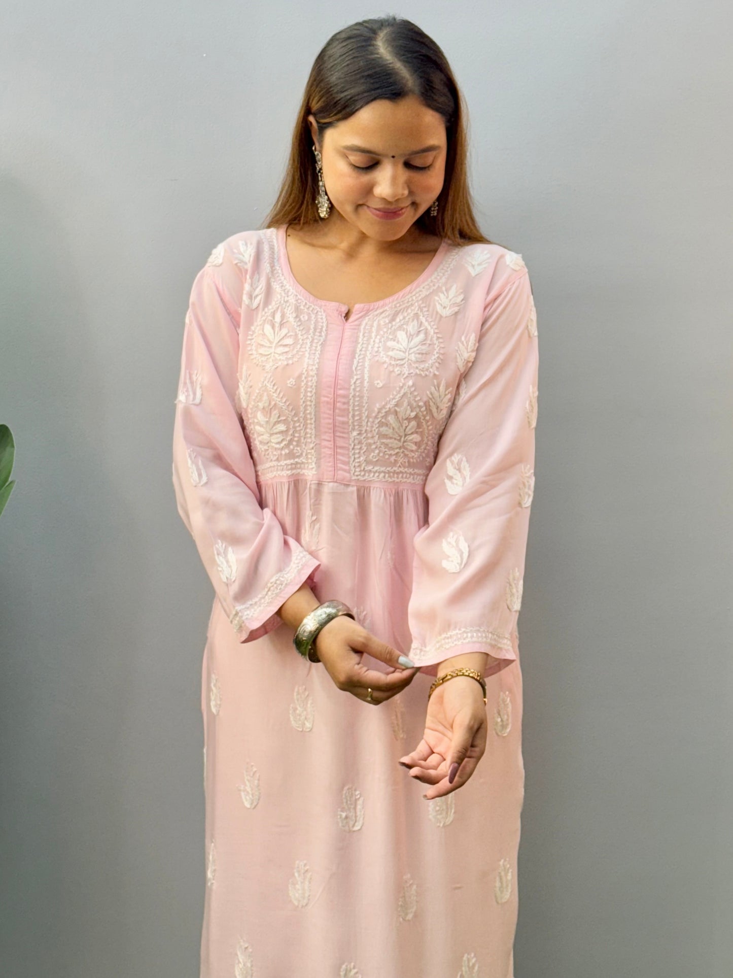 Light Pink Lucknow Chikankari Modal Kurta with Hand Embroidery and Both Side Pockets