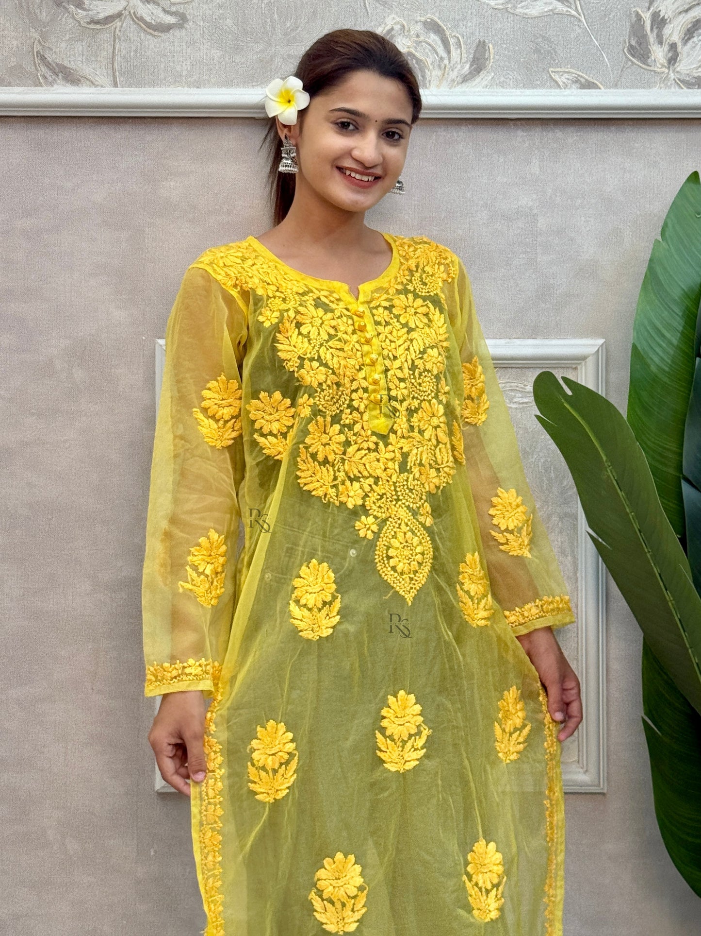 Yellow Lucknow chikankari organza kurta with hand embroidery
