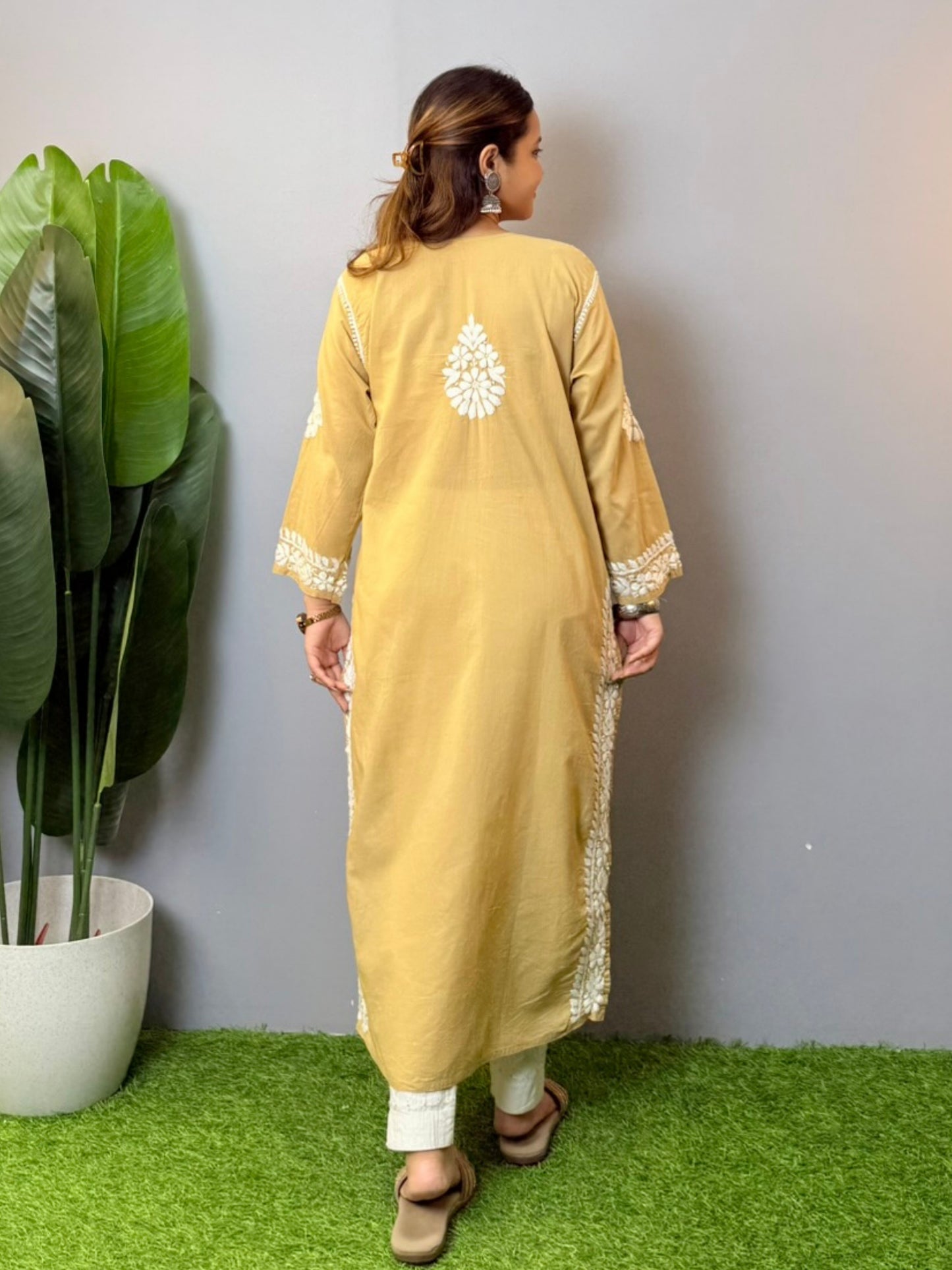 Beige cotton chikankari kurta with hand embroidery and elegant ethnic design