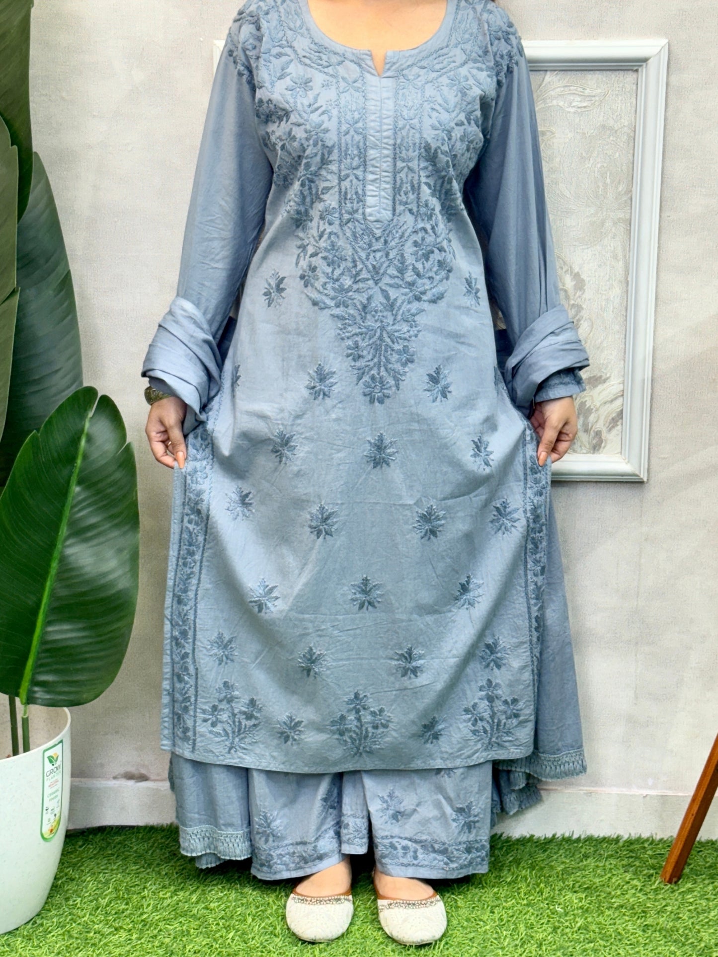 Lucknow Chikankari grey cotton kurta palazzo dupatta set with hand embroidery, soft and comfortable.