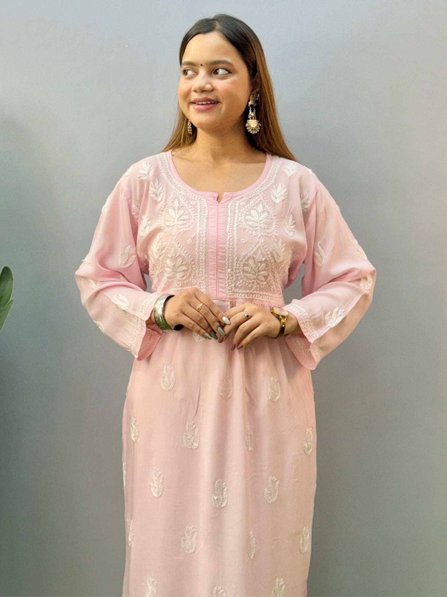 Light Pink Lucknow Chikankari Modal Kurta with Hand Embroidery and Both Side Pockets