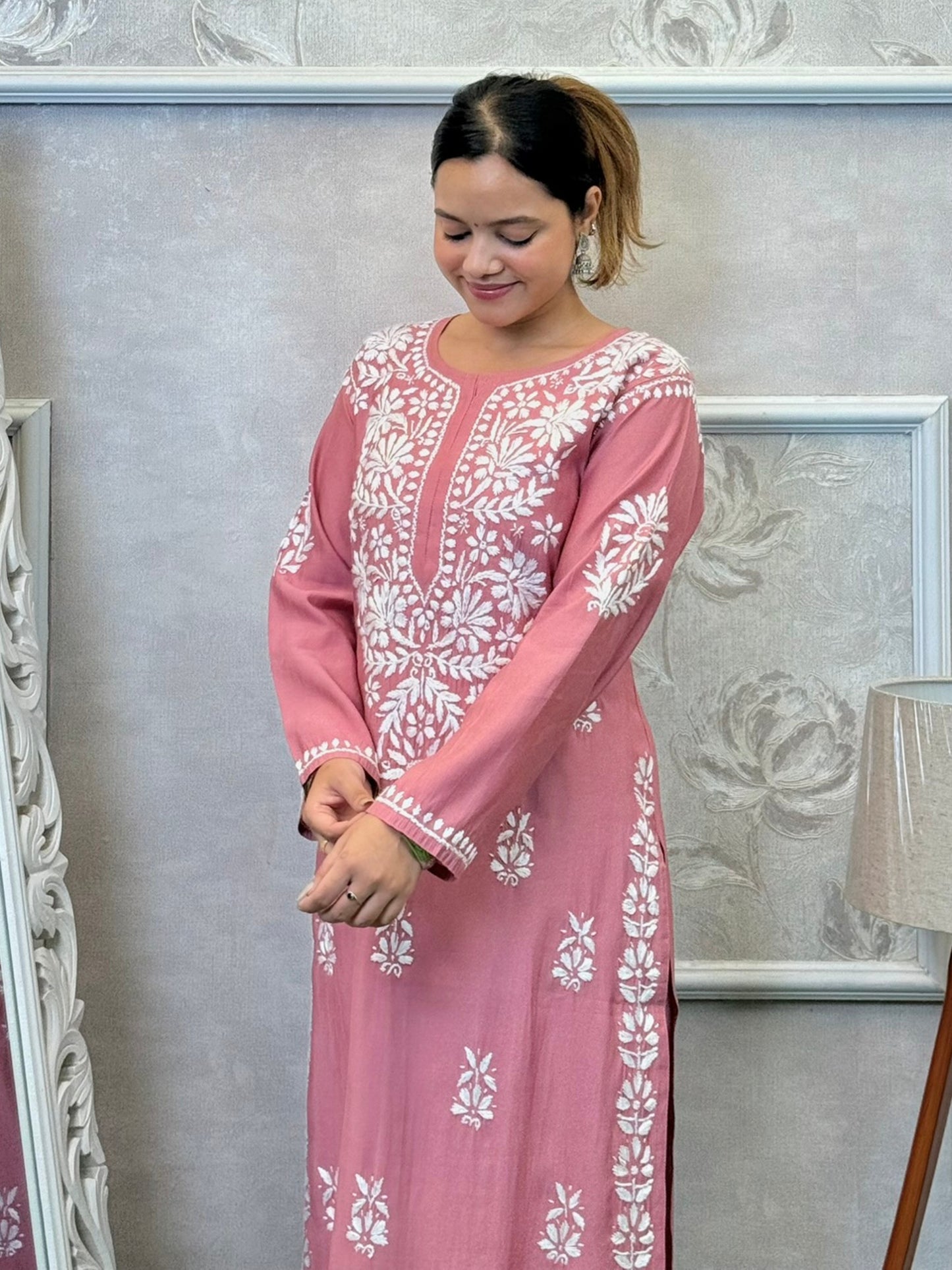 Dusty rose Roman silk Lucknowi Chikankari kurta and pant set with intricate white hand embroidery
