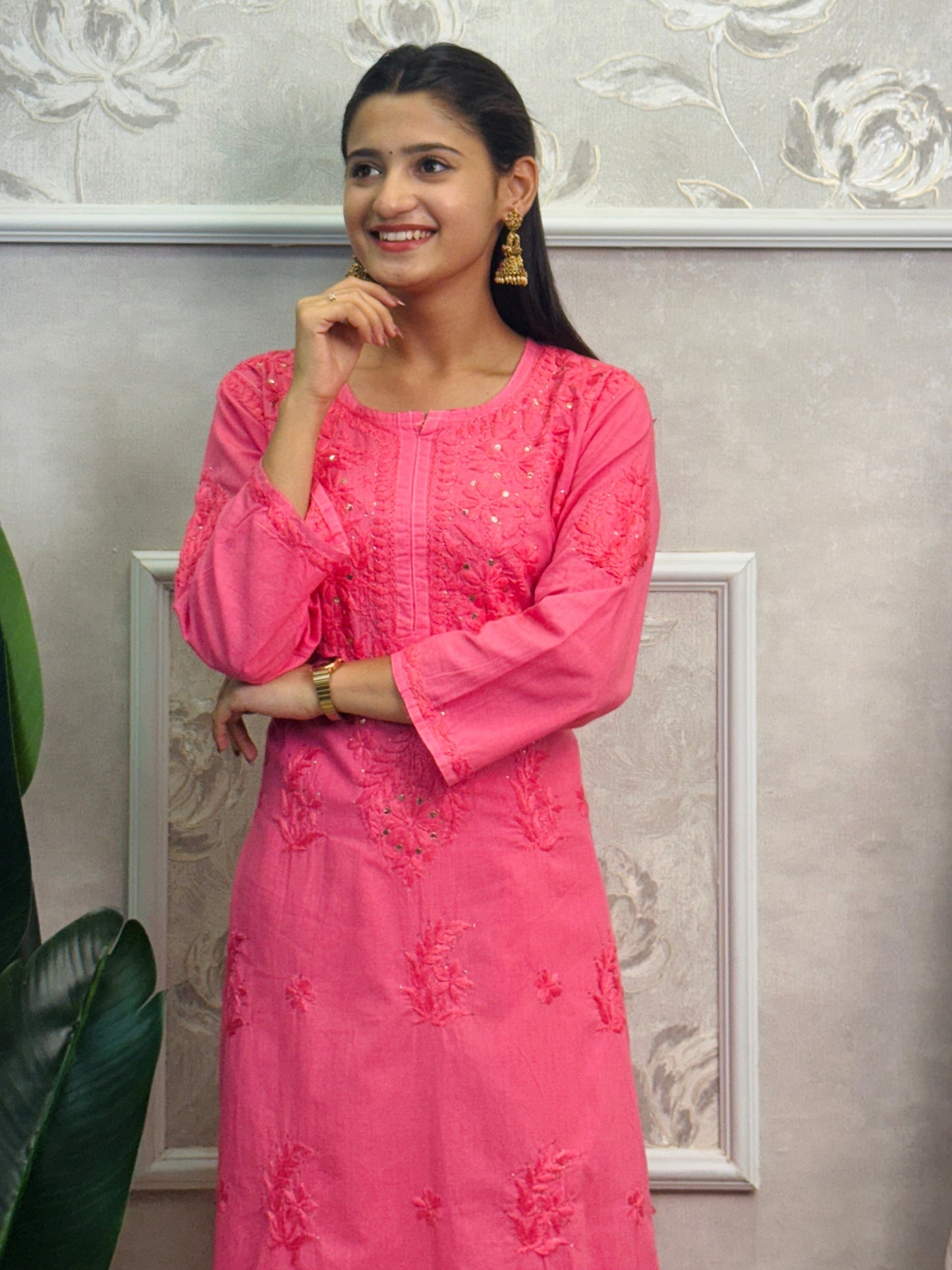 Hot pink cotton chikankari kurta, stretchable pant and chiffon dupatta set with hand embroidery