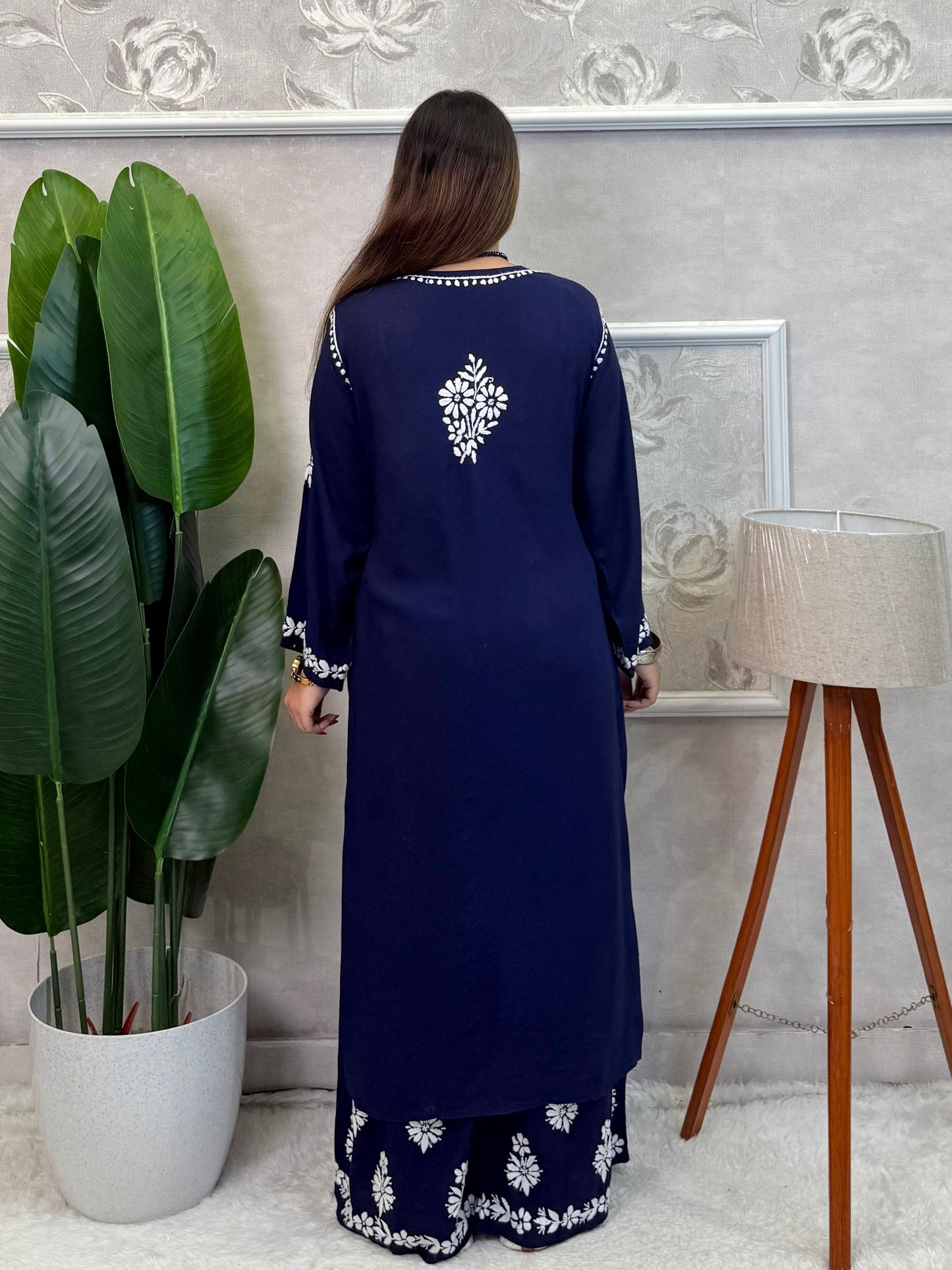 Navy blue modal Lucknow chikankari kurta and palazzo set with hand embroidery, premium festive wear