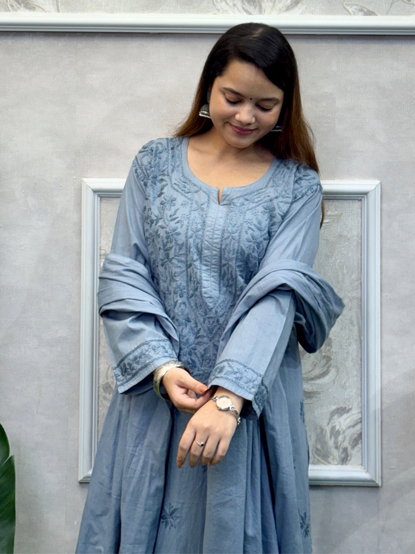 Lucknow Chikankari grey cotton kurta palazzo dupatta set with hand embroidery, soft and comfortable.