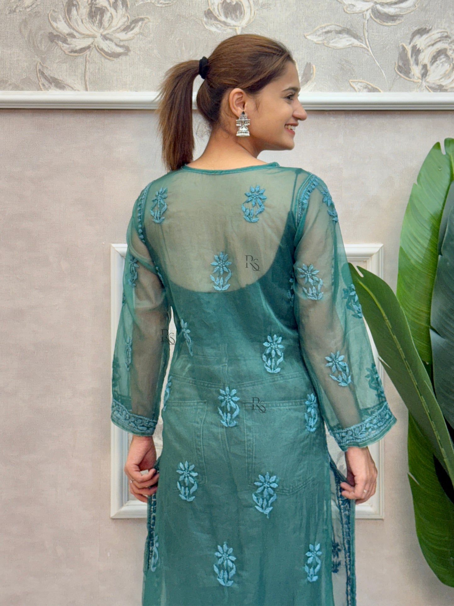 Teal blue organza Lucknow Chikankari kurta with hand embroidery.
