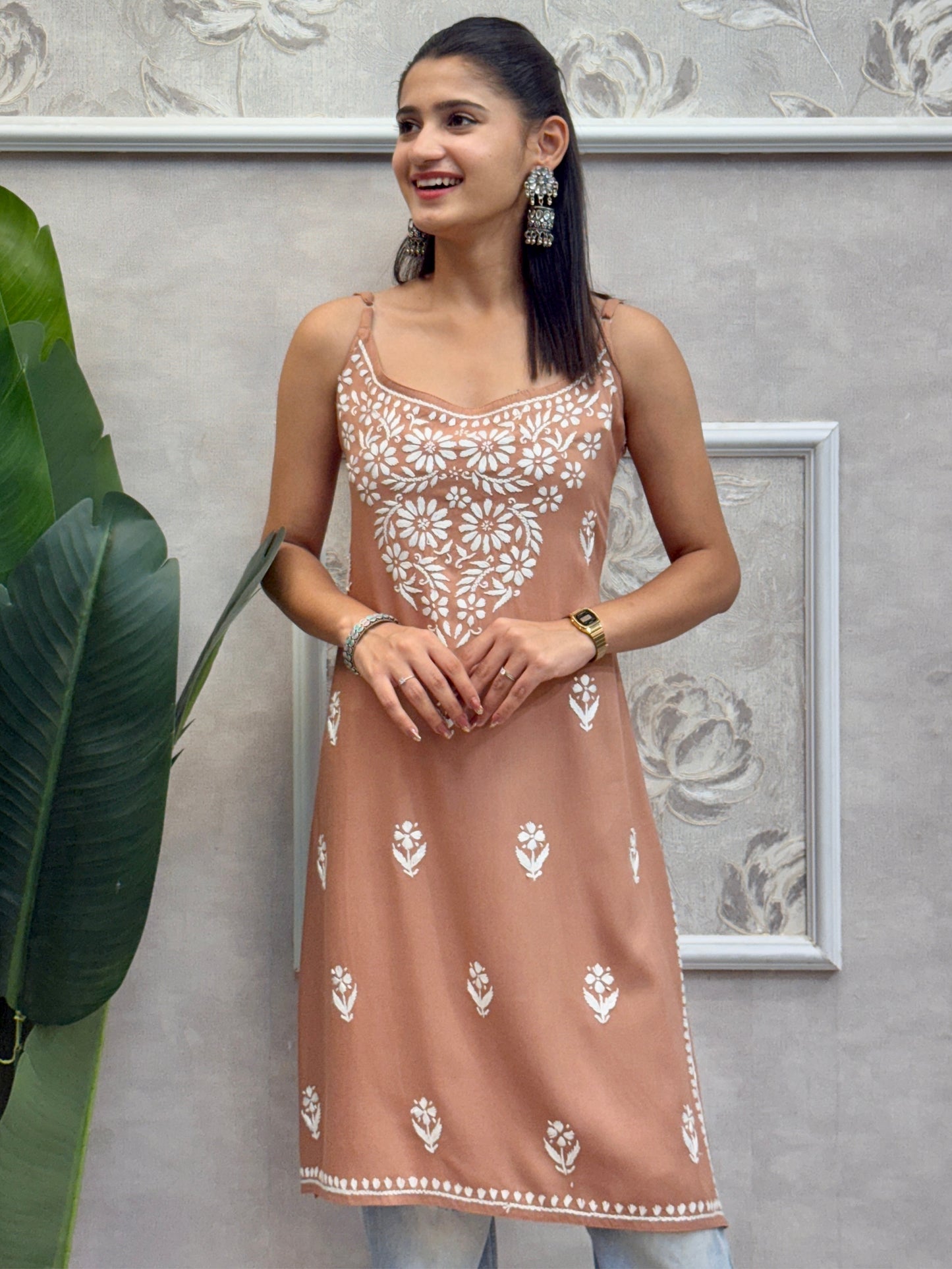 Lucknow Chikankari brown sleeveless short kurta with white hand embroidery