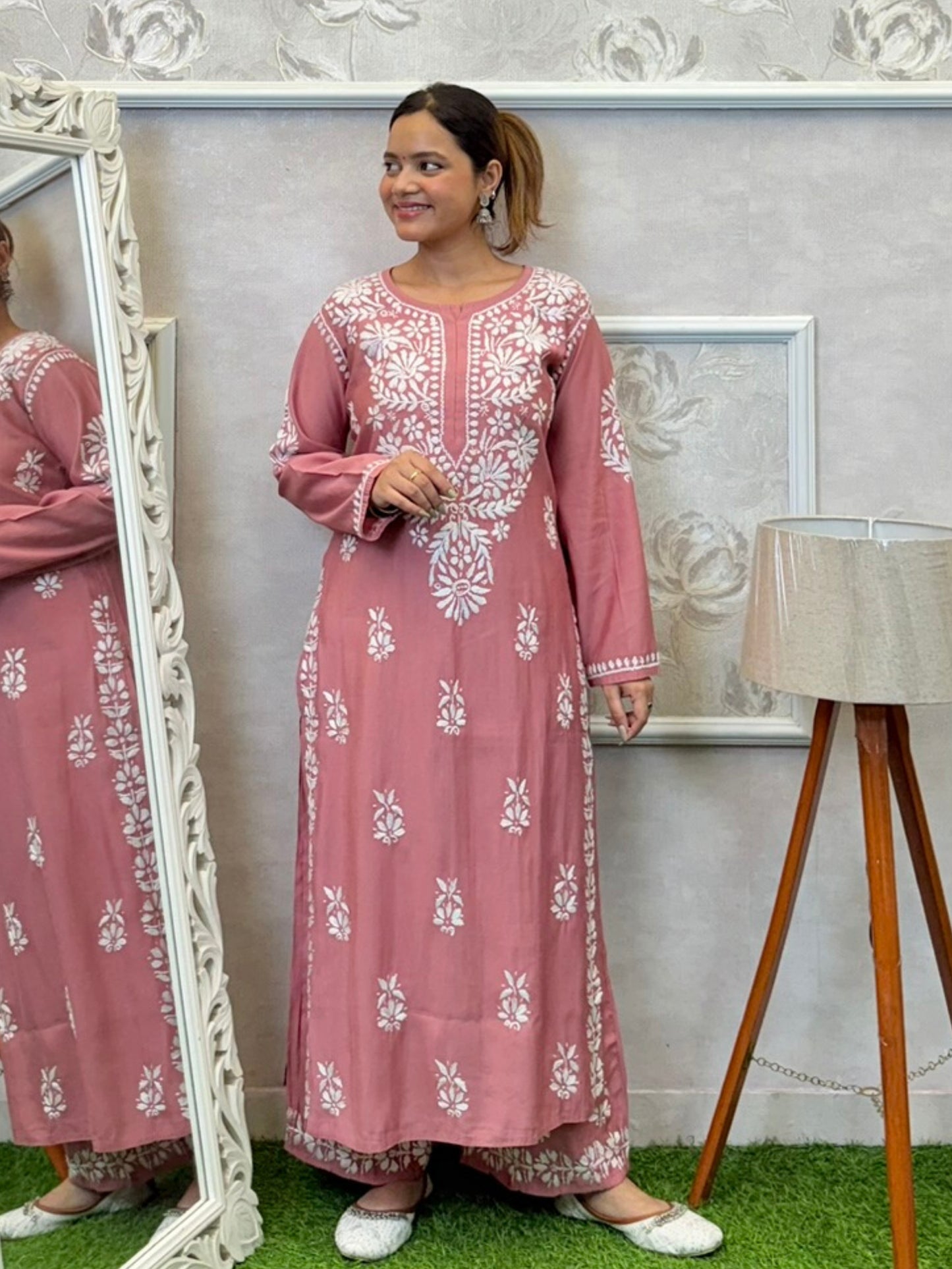 Dusty rose Roman silk Lucknowi Chikankari kurta and pant set with intricate white hand embroidery