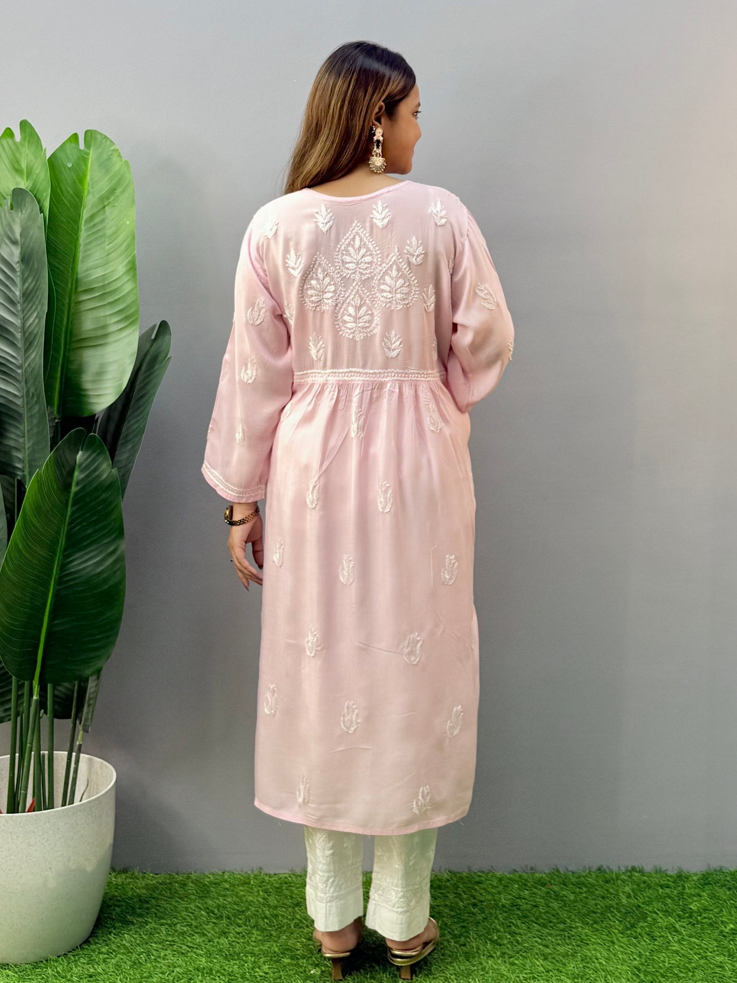 Light Pink Lucknow Chikankari Modal Kurta with Hand Embroidery and Both Side Pockets