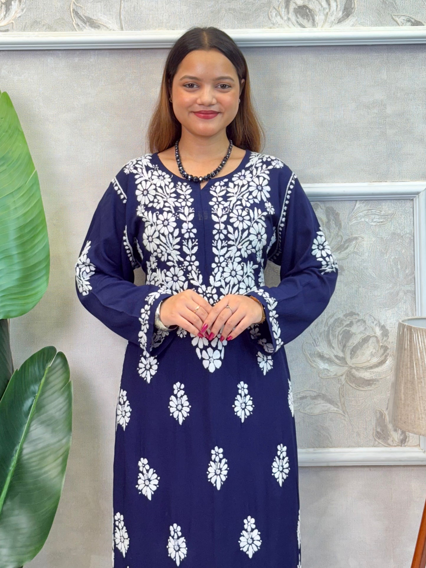 Navy blue modal Lucknow chikankari kurta and palazzo set with hand embroidery, premium festive wear