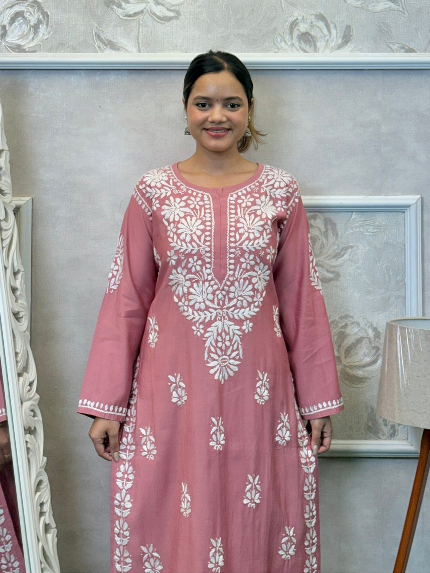 Dusty rose Roman silk Lucknowi Chikankari kurta and pant set with intricate white hand embroidery