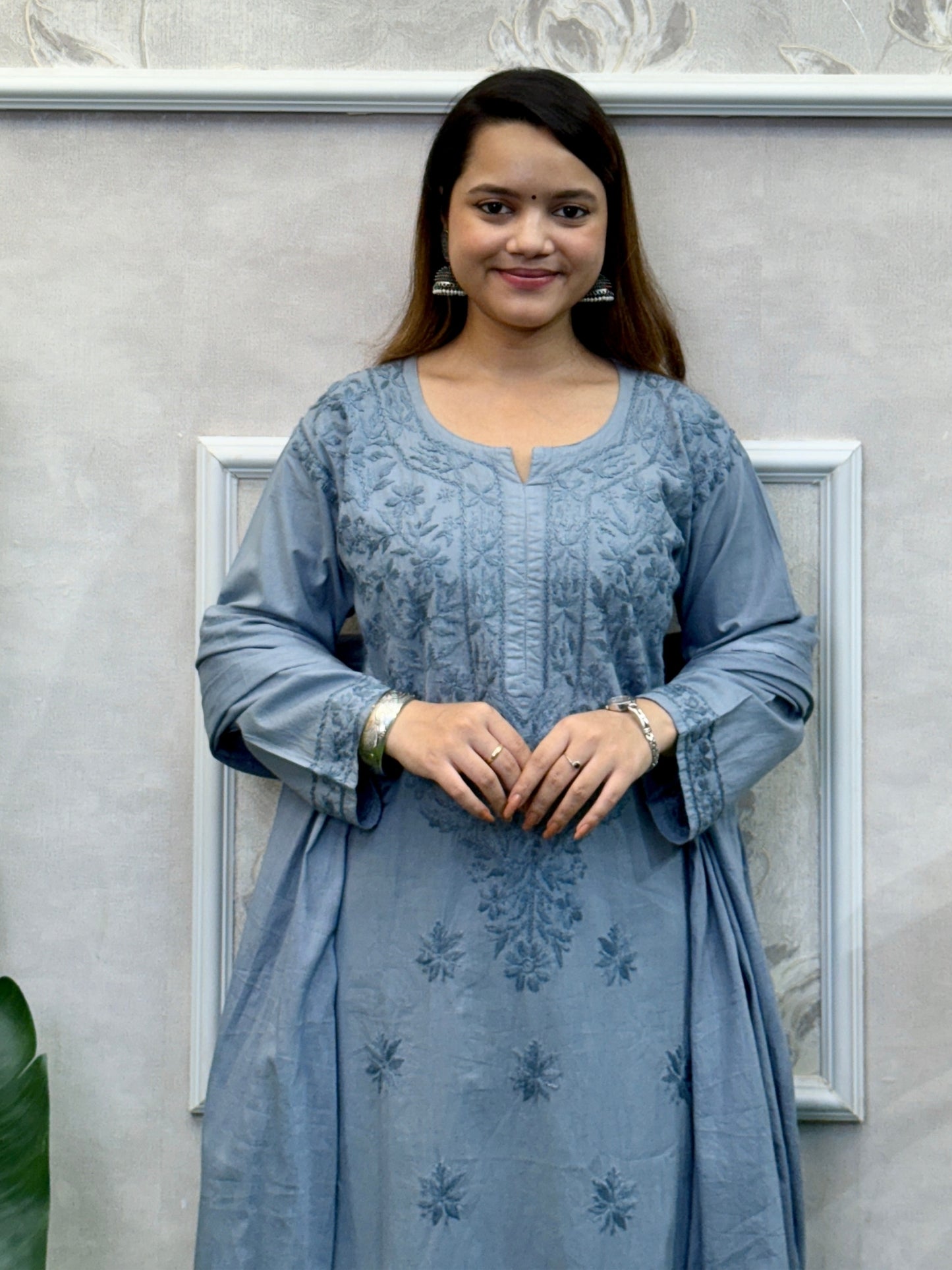 Lucknow Chikankari grey cotton kurta palazzo dupatta set with hand embroidery, soft and comfortable.
