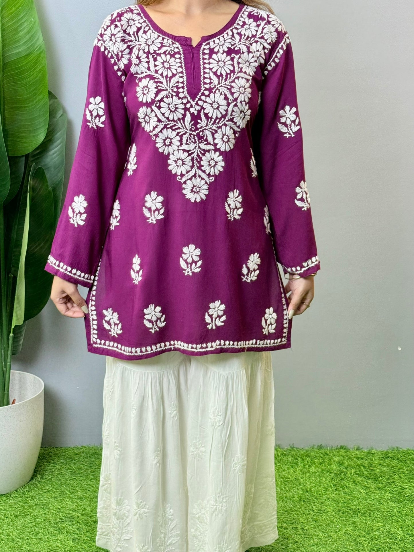 Wine color modal short Chikankari kurta with hand embroidery – summer ethnic wear