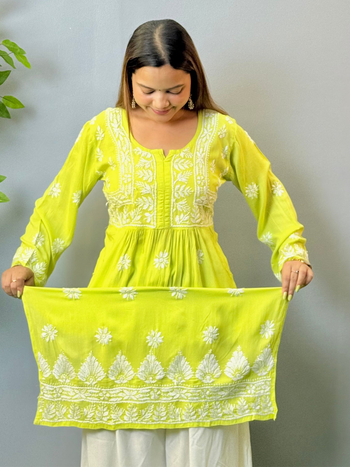Lime green modal chikankari kurta with hand embroidery and pocket design