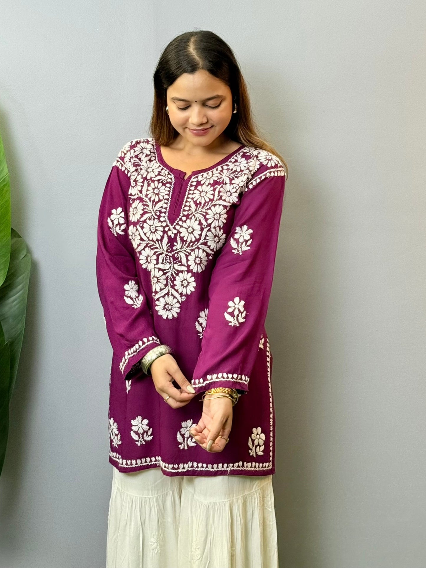 Wine color modal short Chikankari kurta with hand embroidery – summer ethnic wear