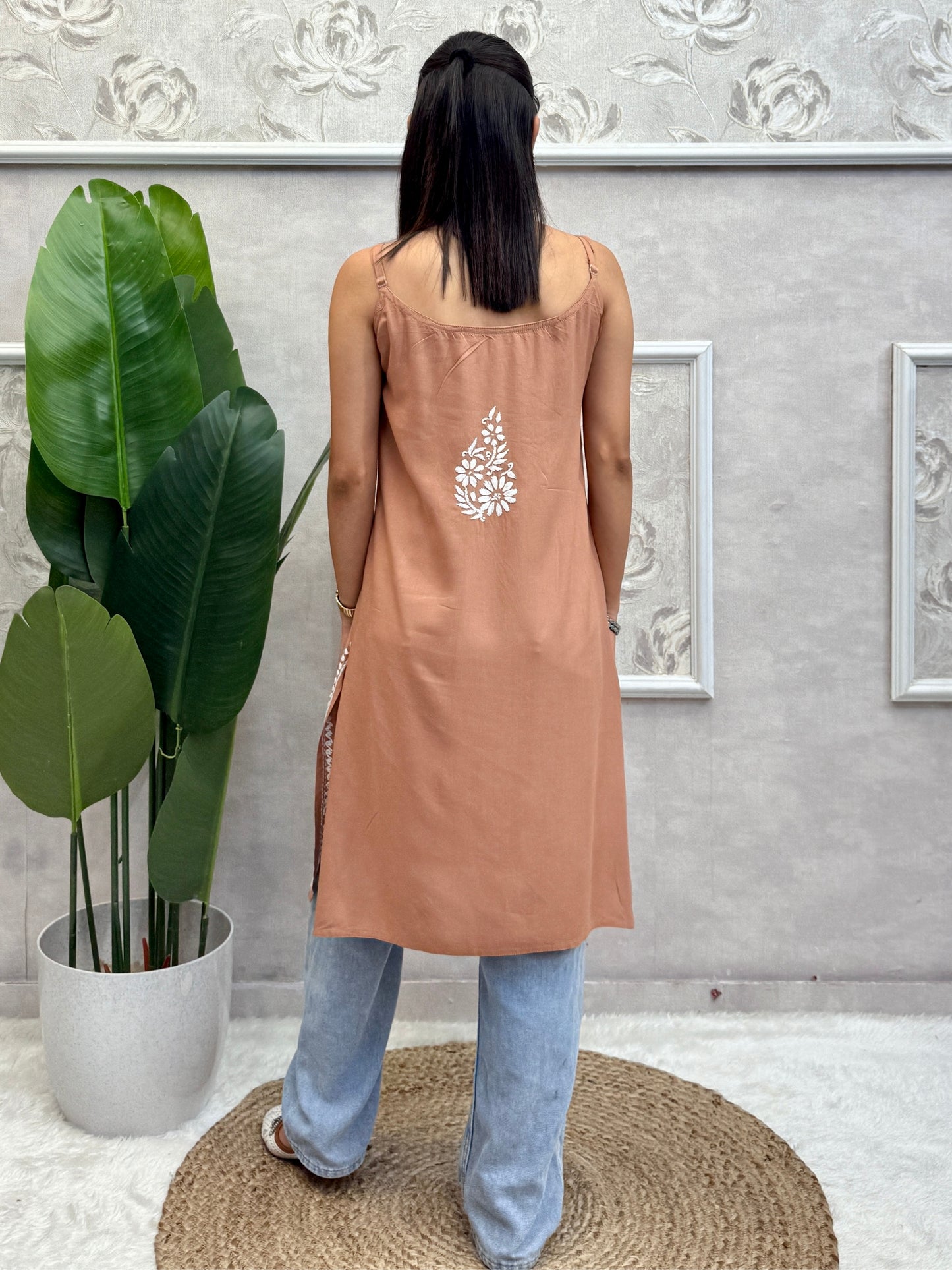 Lucknow Chikankari brown sleeveless short kurta with white hand embroidery