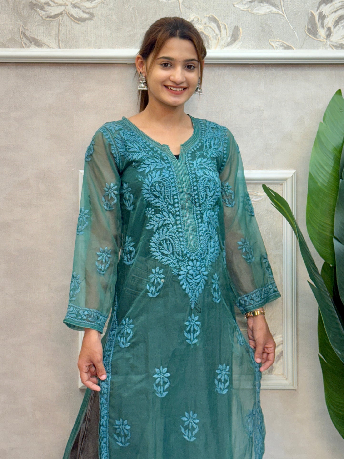 Teal blue organza Lucknow Chikankari kurta with hand embroidery.