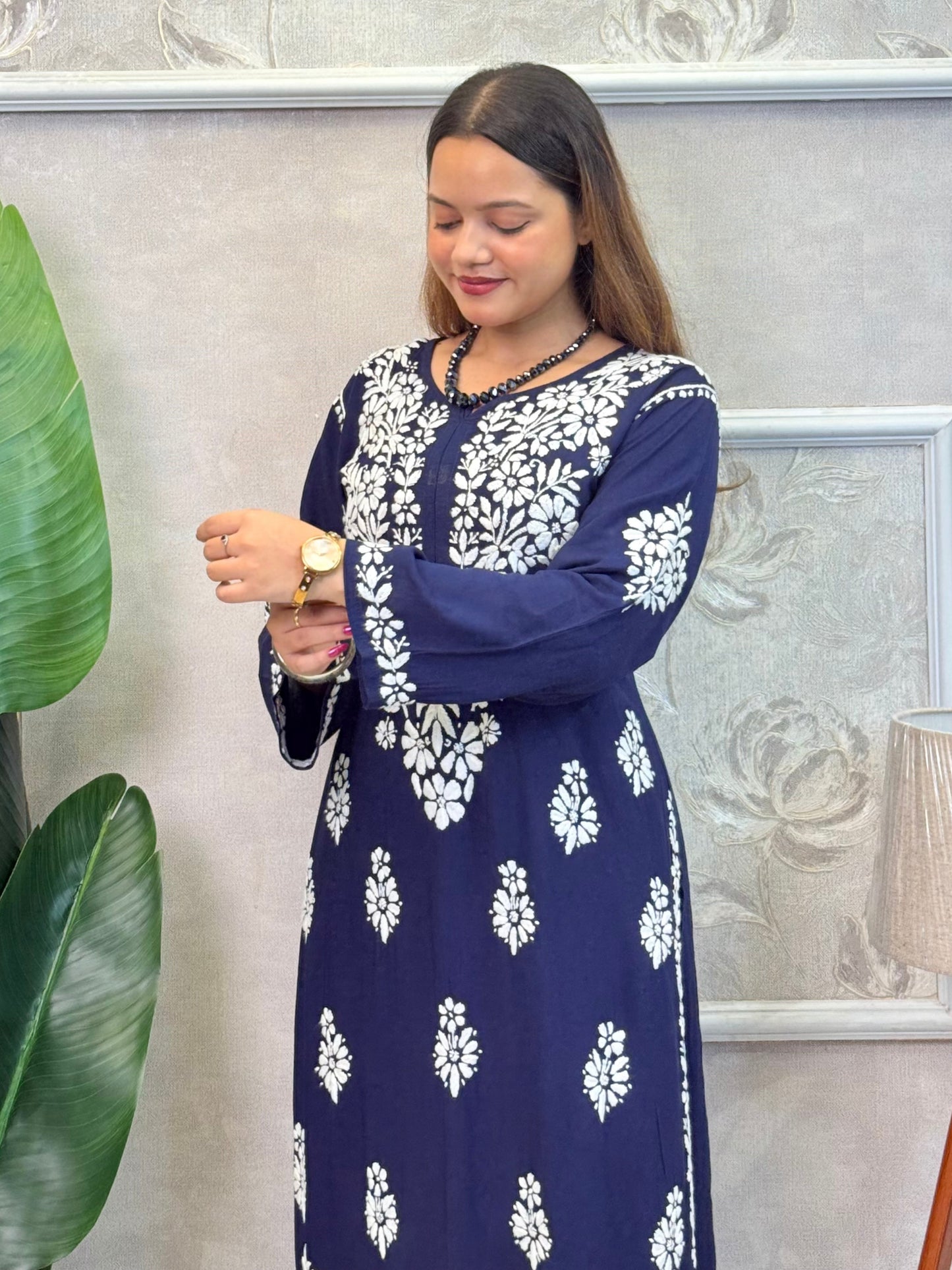 Navy blue modal Lucknow chikankari kurta and palazzo set with hand embroidery, premium festive wear