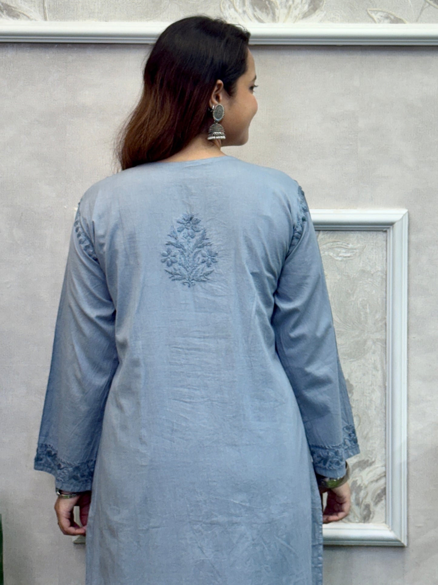 Lucknow Chikankari grey cotton kurta palazzo dupatta set with hand embroidery, soft and comfortable.