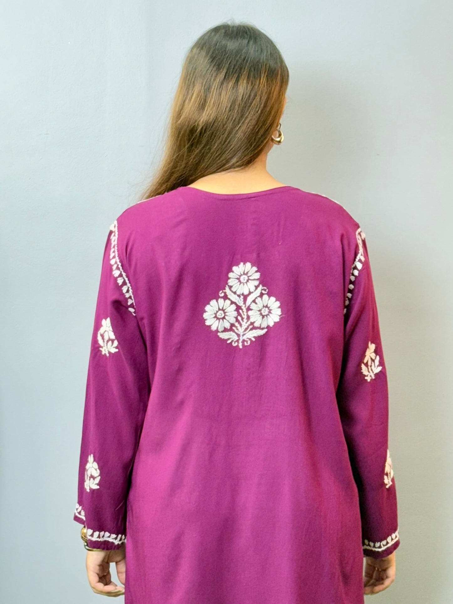 Wine color modal short Chikankari kurta with hand embroidery – summer ethnic wear