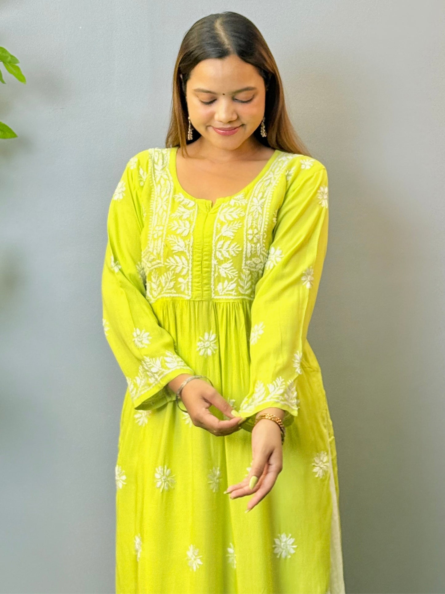 Lime green modal chikankari kurta with hand embroidery and pocket design