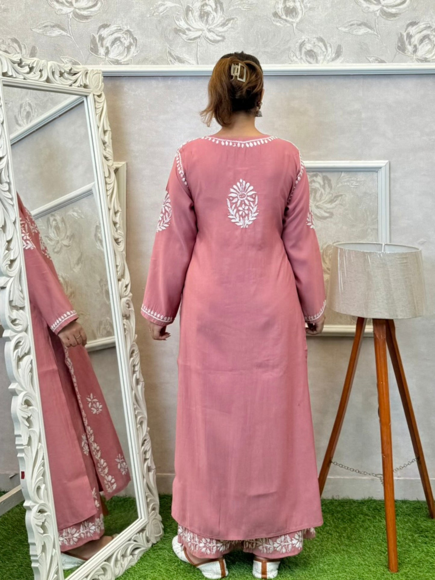 Dusty rose Roman silk Lucknowi Chikankari kurta and pant set with intricate white hand embroidery