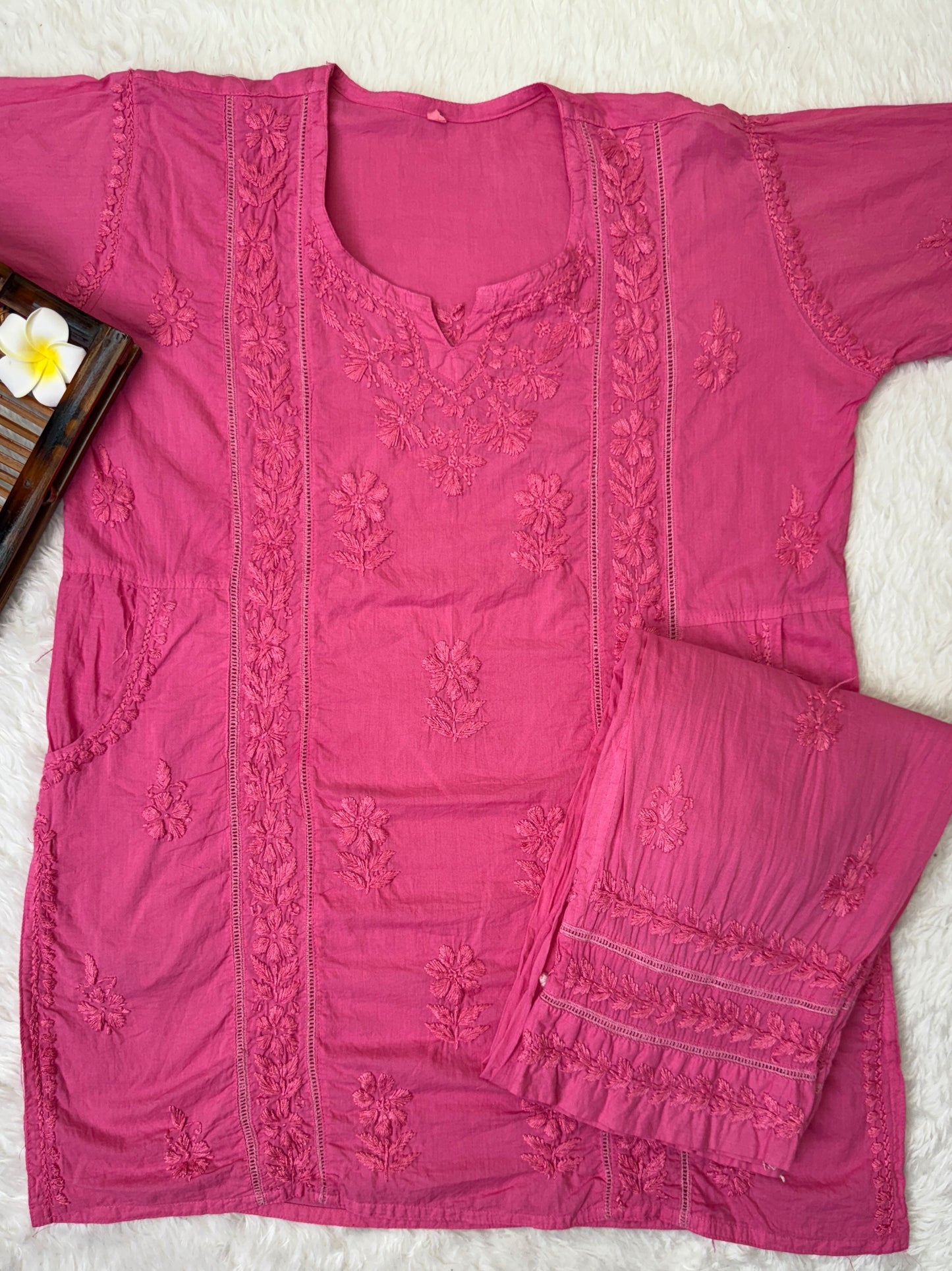 Pink cotton chikankari pocket style short kurta with pant and hand embroidery