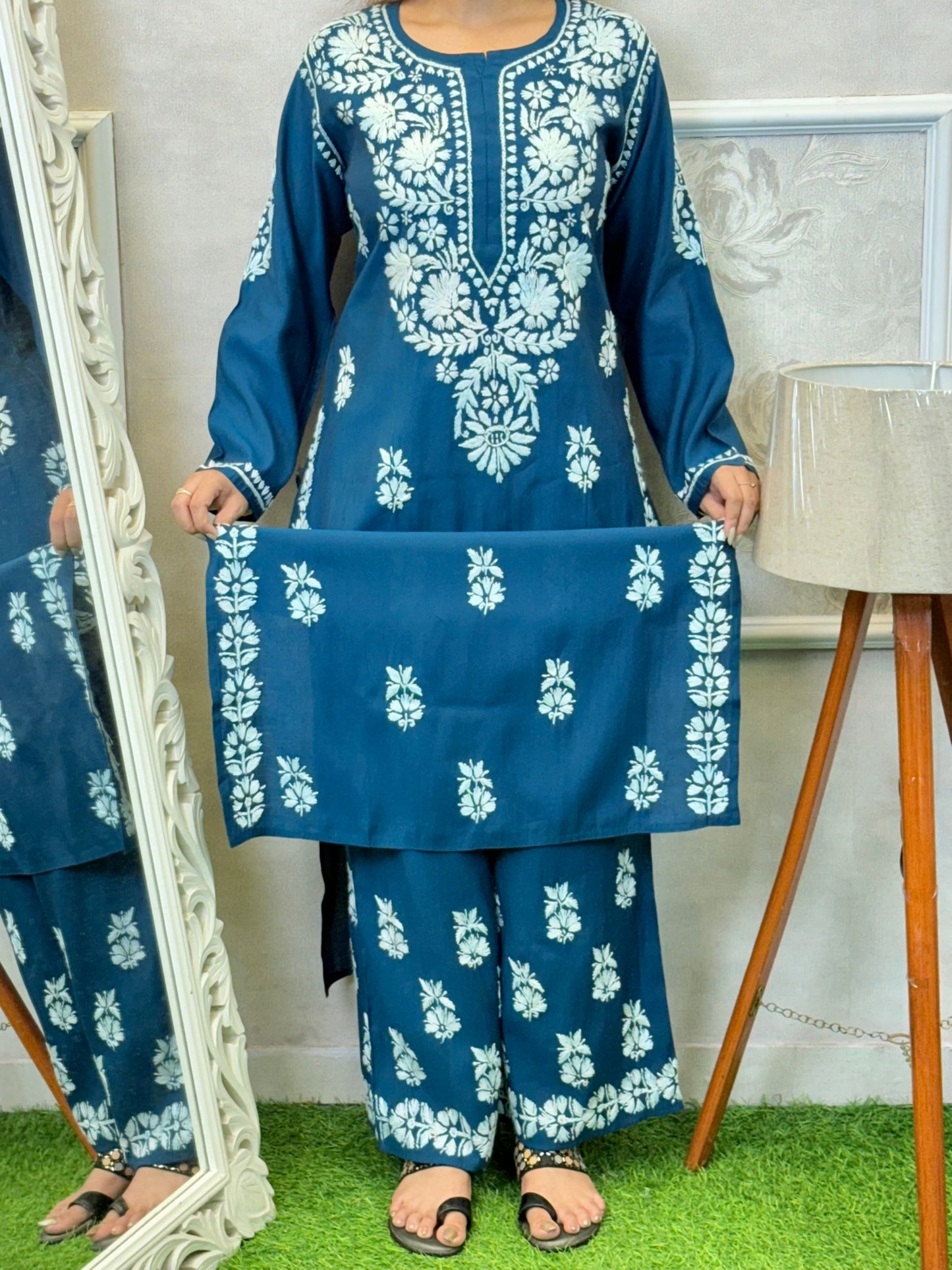 Teal blue Roman silk Lucknowi Chikankari kurta and pant set with elegant white hand embroidery