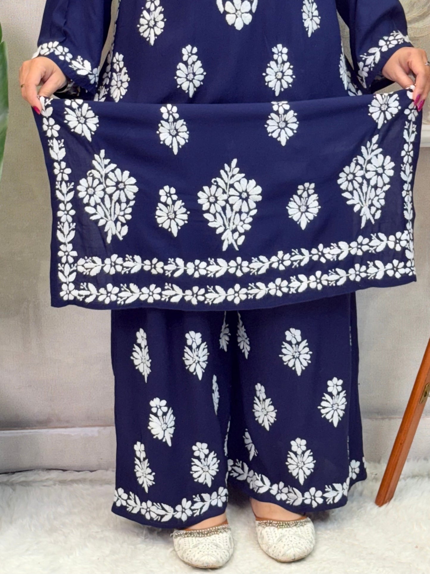 Navy blue modal Lucknow chikankari kurta and palazzo set with hand embroidery, premium festive wear