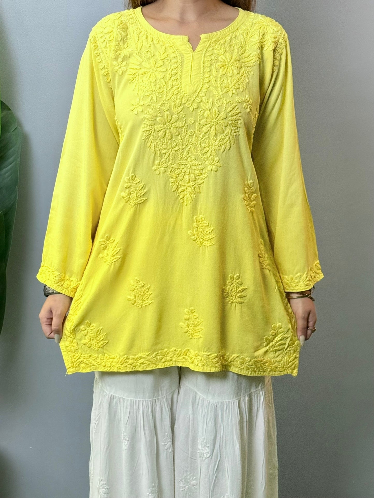 Sunshine yellow rayon short kurta with white hand embroidery in Lucknow Chikankari style