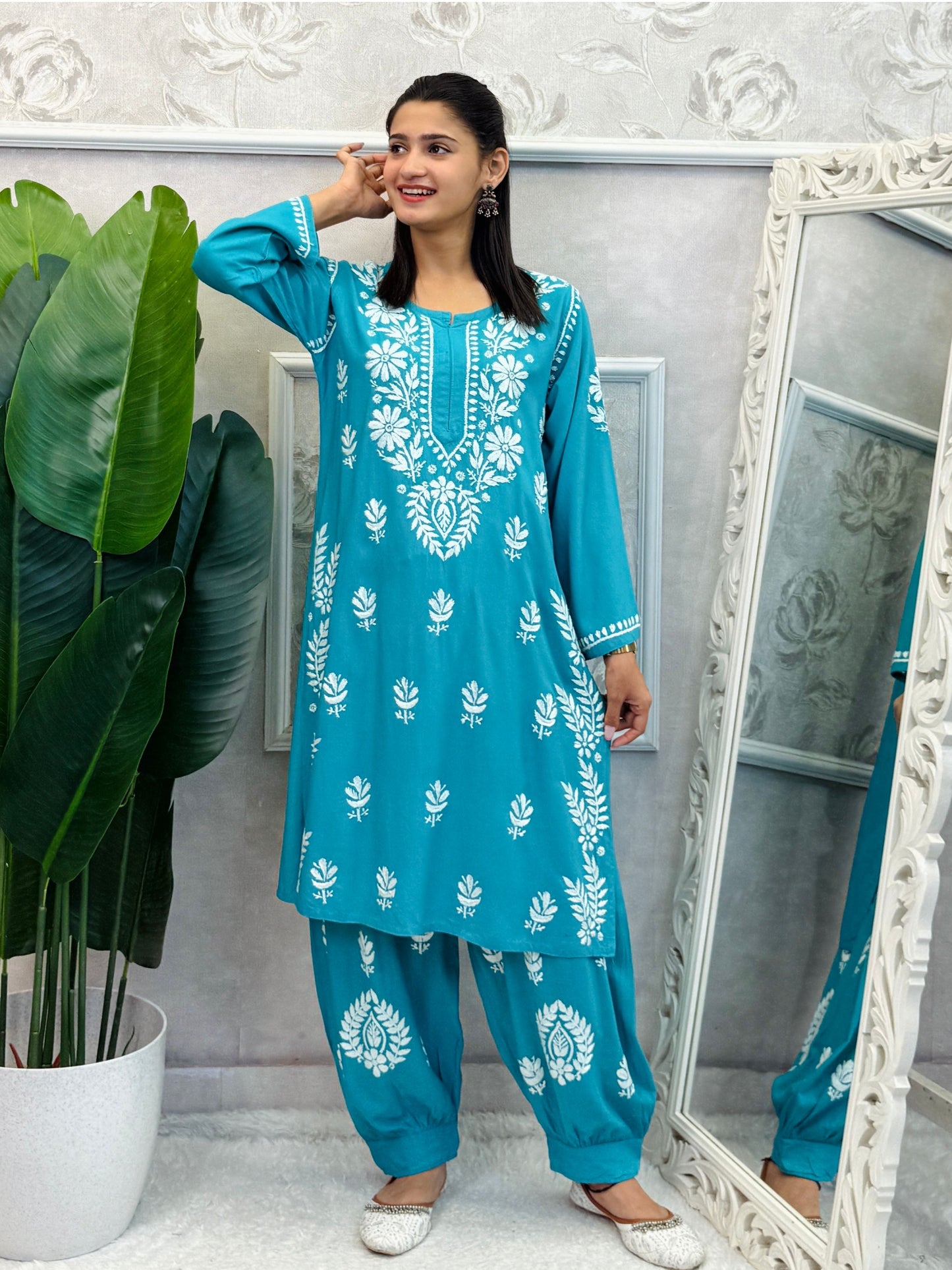 Turquoise rayon chikankari kurta and Afghani pant set with white hand embroidery