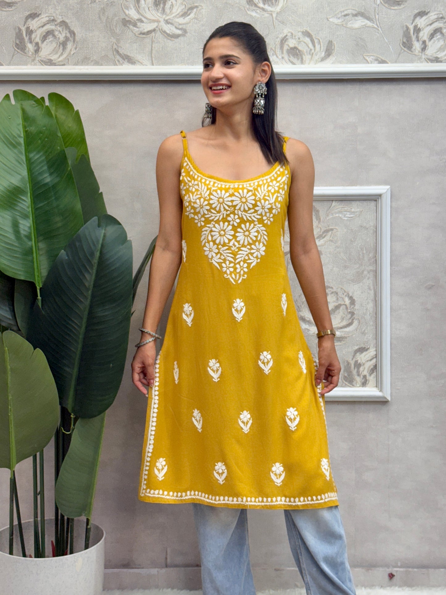Mustard sleeveless Lucknow Chikankari short kurta with hand embroidery