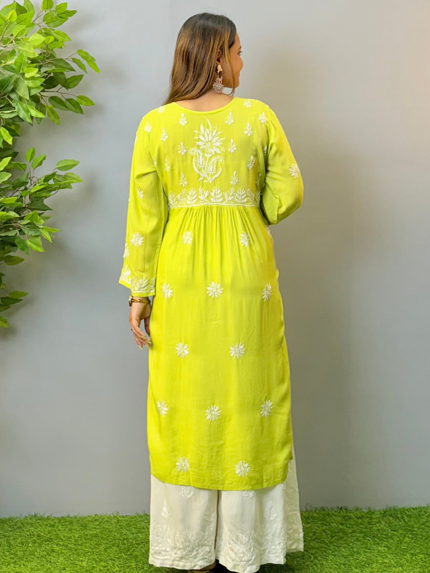 Lime green modal chikankari kurta with hand embroidery and pocket design