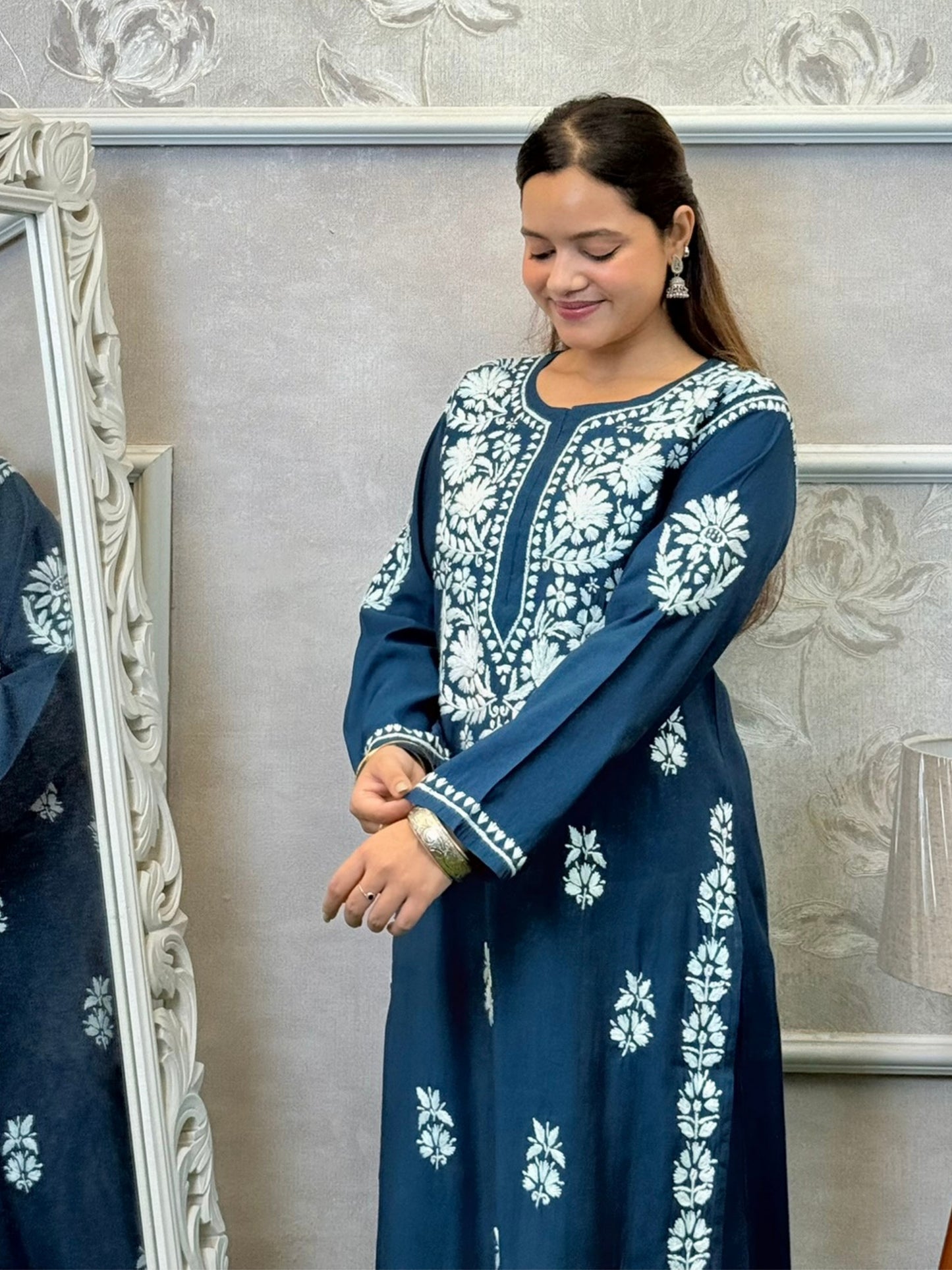 Teal blue Roman silk Lucknowi Chikankari kurta and pant set with elegant white hand embroidery