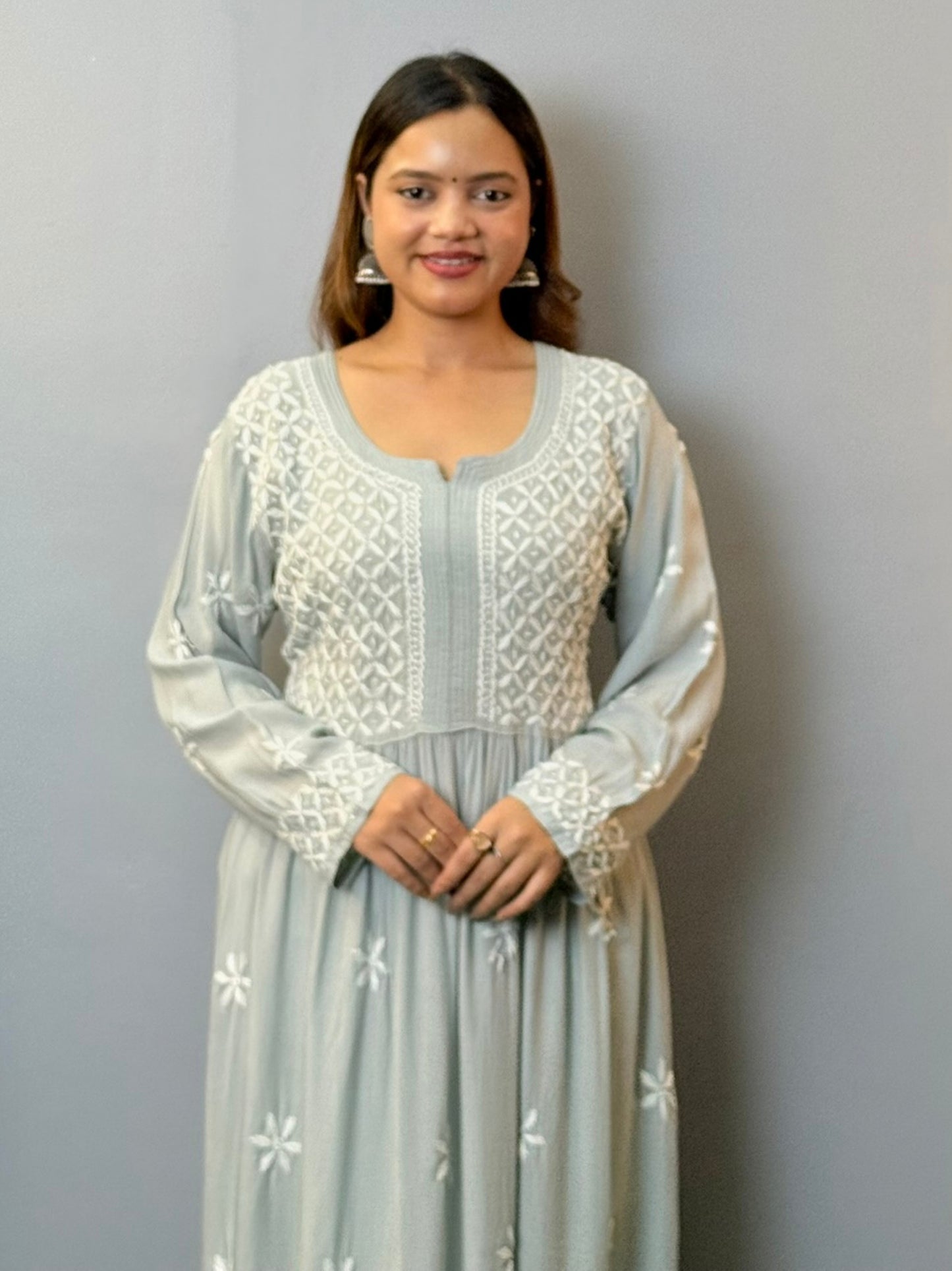 Mist grey modal chikankari long frock with floral hand embroidery and flare design