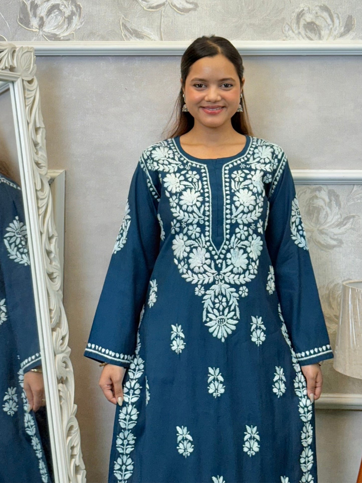 Teal blue Roman silk Lucknowi Chikankari kurta and pant set with elegant white hand embroidery