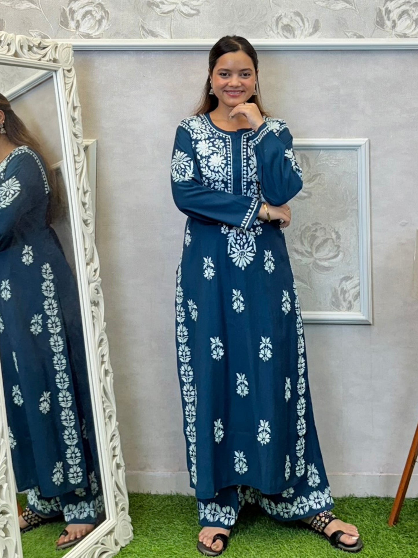 Teal blue Roman silk Lucknowi Chikankari kurta and pant set with elegant white hand embroidery